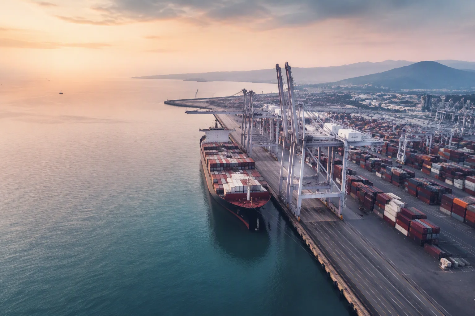 A container vessel and cranes at a coastal commercial port